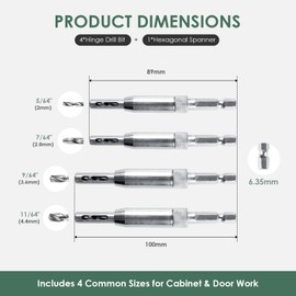 Hinge Drill Bit Set 5PCS – Self Centering Woodworking Hole Opener for Cabinet Door – 5/64", 7/64", 9/64", 11/64", with Hex Shank Steel Self Centering Drill Bit for Precision Drilling