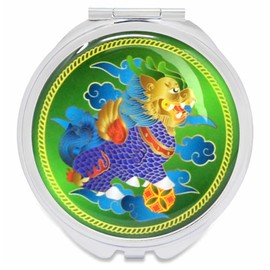 Feng Shui 3 Cells Abundance Pill Boxes Portable Mirror with Chi Lin Strong Body Blessing Ring and Earring Storage Box Amulet (Green(Chi Lin))