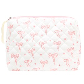 Quilted Makeup Bag Large Travel Zipper Soft Cosmetic Pouch for Women Girls Make Up,Bow Pink
