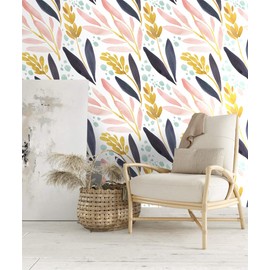 HaokHome 93027 Watercolor Forest Peel and Stick Wallpaper Removable White/Pink/Navy/Yellow Floral Vinyl Self Adhesive Shelf Liner 17.7in x 9.8ft
