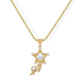 Aohik Shooting Star Necklace for Women, Gold Plated Copper Pendant with Cubic Zirconia, Dainty Star and Meteor Design, Elegant Jewelry with Pin-End Chain for Gifts & Daily Wear