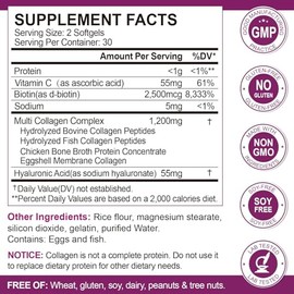 Multi Collagen Peptides Softgel for Women & Men - Type I, II, III, V, X - Hydrolyzed Collagen Peptides with Biotin, Vitamin C & Hyaluronic Acid - Supp
