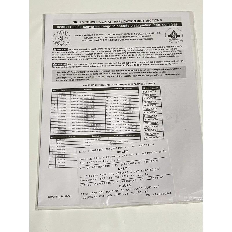 Frigidaire Range Natural Gas to LP Propane Conversion Kit fits