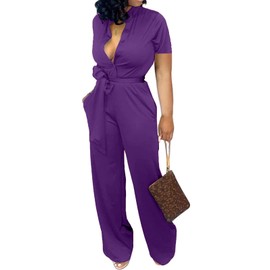 Xinlees Women's V Neck Jumpsuits Casual Solid Short Sleeve Elegant Stand Collar Button Down Long Pants Rompers Straight Club Outfits With Pockets Belt(Purple,L)