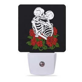 Meikosks Skull Red Rose Night Light,Flowers Skeleton Night Lights Plug into Wall Dusk to Dawn Sensor Led Lamp for Women Men,Led Lights for Stairway/Hallway/Bedroom,0.5W