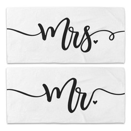 WAITPI Mr and Mrs Beach Towel Set of 2, Valentines Honeymoon Wedding Beach Towels Gifts for Newlywed Couple Bride Groom, Black and White Towels Oversized Decor for Bathroom 30x60 in