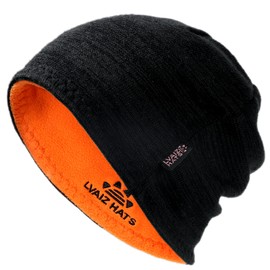 Lvaiz Winter Fleece Lined Knitted Beanie Hats for Men Reversible Windproof Watch Hat Warm Skull Cap for Women(Black+Orange)