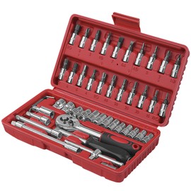 sunoyar 46 pcs 1/4 inch Industrial Drive Socket Ratchet Wrench Set, with Bit Socket Set Metric and Extension Bar, Mechanic Tool Kit with Storage Case for Auto Repairing Household