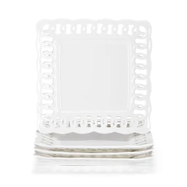 Ceramic Square Dinner Plates, 11 inch Square Serving Plate Set of 4 for Steak Pasta Salad Snacks Pizza Appetizer, New Bone Porcelain Plates with Lace Rim, Party Wedding Birthday Christmas Gift, White