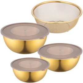CODOHI Gold Mixing Bowls with Airtight Lids Stainless Steel Mixing Bowl Set of 3 Metal Nesting Organizers and 1 Colander Non-slip Bottom for Baking Serving Food Size 2.22, 1.27,0.74 QT, Stackable