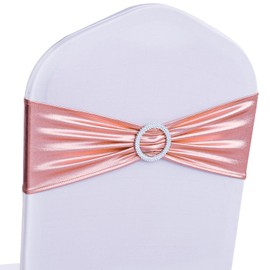 timecity Rose Gold Spandex Chair Sashes Bands 10 Packs Metallic Stretch Chair Ties Back Bows Bulk with Buckle Slider Elastic Ties for Wedding Banquet Birthday Party Decor