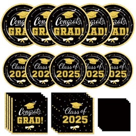 Graduation Party Supplies Kit Serves 50 - Graduation Party Black Class of 2025 Tableware Disposable Dinner Plates Dessert Plates and Napkins for Congrats Grad Party Decorations