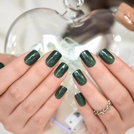 LINSSQ Shimmer Green Glitter Press on Nails, Medium Length Square False Nails, Beauty Solid Color Manicure Reusable UV Gel Fake Finger Nail Art for Daily Office Party