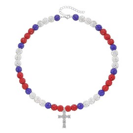 LIYAPEI Bling Ice Collection Baseball Necklace for Boys, crucifix cross pendant necklace colorful Rhinestone Beads Beaded Necklace for Men Women Baseball Team Lovers (18in, red white blue)