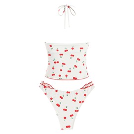 ZAFUL Tankini Swimsuits for Women Smocked Ruffles Tie Front Bowknot Textured High Cut Tanga Tankini Set(00-Light Yellow, S)