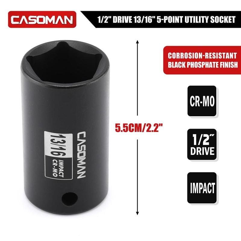 CASOMAN 1/2" Drive 13/16-inch Penta Socket, 5 Point Utility Socket,