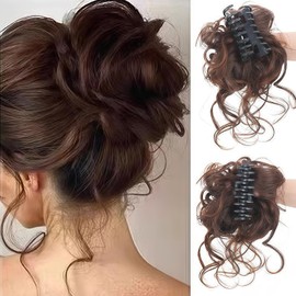 SSKHE 2Pcs Light Brown Bun Ponytail Extension Claw Clips Maruko Wig Clips Messy Curly Wavy Hairpieces Stylish Hair Accessories for Women