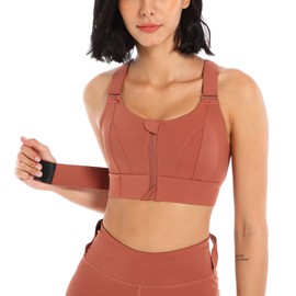 SEAUR Sports Bra, Fixed Chest Padding, Front Zip, Women's Bra with Adjustable/Not Adjustable Straps, Training Bustier for Running, Yoga, (Style 1, Adjustable) Red