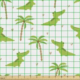 Lunarable Alligator Fabric by The Yard, Cartoon Crocodiles with Tropic Palm Trees Design Composition, Decorative Fabric for Upholstery and Home Accents, 1 Yard, Lime Green