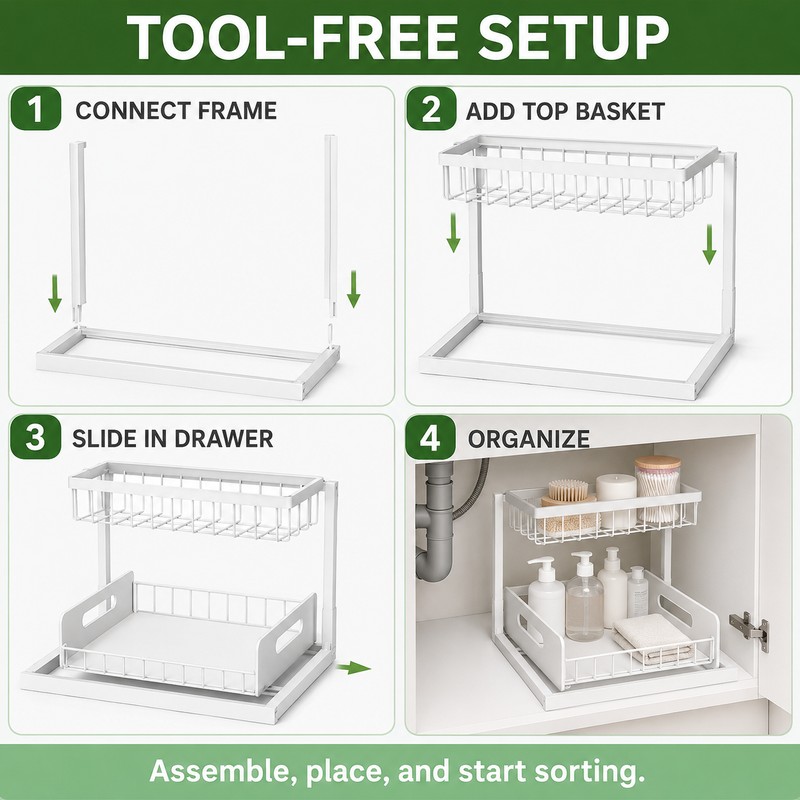 2-Tier Under Sink Organizer Pull-Out Sliding Drawer Rack, White