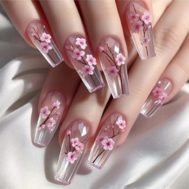 Glitter Press on Nails Square Medium Coffin False Nails Transparent White Acrylic Fake Nails Press Ons with Pink Flowers Design Glue on Nails Cute Stick on Nails for Women Manicure Tips 24 PCS