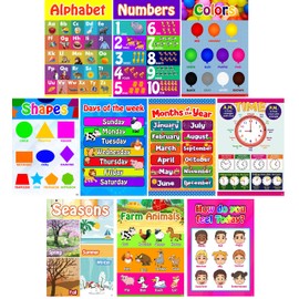 L & O Goods 10-Pack Large Educational Posters for Preschoolers, Toddlers, Kids, Kindergarten Classrooms | Fun Early Learning for Alphabet Letters, Numbers, Shapes, Colors, Seasons, Emotions, Days, Months, & More