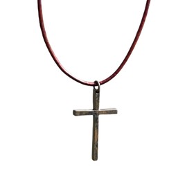 Silver Thin Simple Cross Necklace - Catholic Men Jewelry, Women Religious Gifts, Faith and Believes, Mens Crosses, Father Day, Baptism Ceremony, Christian Accessories (Rustic Brown, Antique Leather)