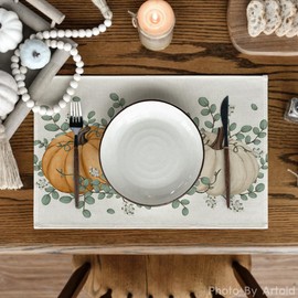 Artoid Mode Orange Pumpkin Eucalyptus Fall Placemats Set of 6, 12x18 Inch Seasonal Table Mats for Table Runner Party Kitchen Dining Decoration