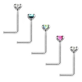 Mixed Colour Crystals PACK OF 5, L SHAPE Nose Studs STERLING SILVER Thin 0.6mm Bar (5x 2mm)