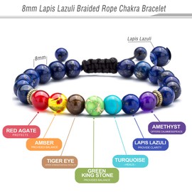 Hamoery Men Women 8mm Lava Rock Chakra Beads Bracelet Braided Rope Stone Agate Bracelet Bangle(Lapis Lazuli)