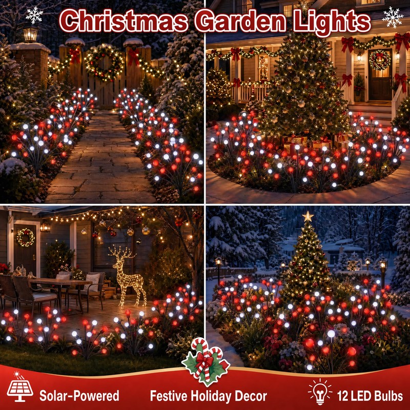 Sukesou Solar Christmas Firefly Lights, 2 Pack 6LED Red &