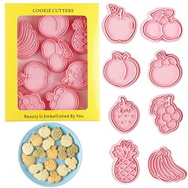 Cute Fruit Cookie Cutter, Apple, Banana, Pineapple, Juicy Peach, Grape, Strawberry, Mangosteen Set of 8 Cookie Cutters, 3D Cartoon Pastry Supplies Press Type Kitchen Bento Handmade