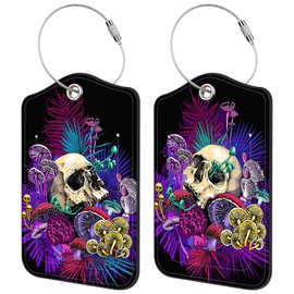 2 Pack Luggage Tag for Suitcase Bright Psychedelic Mushrooms and Skull Leather Travel Cruise Luggage Tag with Stainless Steel Loop Name ID Label Privacy Cover for Adults Teens Travel Bag Labels Set