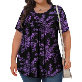 Womens Plus Size Tops Tunic Short Sleeve Crew Neck Shirts Casual Soft Blouse Black Purple Flowers 3X