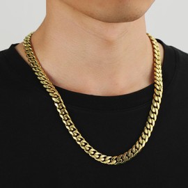 KRKCLIFE Men's Necklace Diamond Cut, 14K Gold Plated Stainless Steel Cuban Link Chains 10mm, Anti-Tarnish Nickel-Free, Thick Gold Chain Silver Chain for Man Boy Unisex, 18 Inches