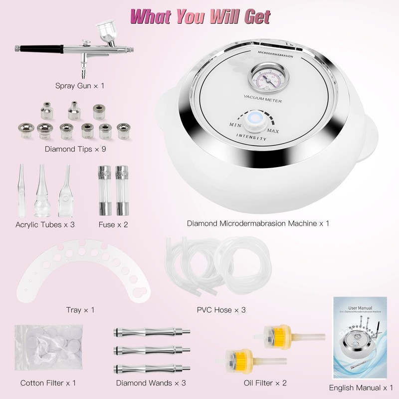 Updated 3 in 1 Microdermabrasion Machine, Professional 65-68cmhg Vacuum Suction