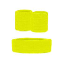 krautwear Damen Mädchen Schweißbänder Stirnband 2 Armbänder Beinstulpen Handschuhe 80er Jahre Set Neon Pink (Schweißbänder Set, gelb)