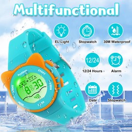 Ayybboo Kids Watch,Toddler Digital Watch with 7 Color Lights & Kitten Design,Waterproof Children's Watches for Girls/Boys 4-12 Years Old (Green)