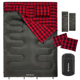KingCamp Double Sleeping Bag for Adults, Queen Size 2 Person XXL Flannel Sleeping Bag, Waterproof Lightweight Flannel Quilt with 2 Pillows, Perfect for Couples Family Camping Hiking, Green