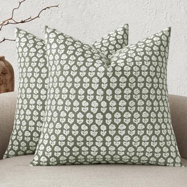 MIULEE Block Print Pillow Covers 20x20 Inch Set of 2, Vintage Floral Throw Pillow Cases Neutral Linen Farmhouse Cushion Covers for Couch Sofa Bed Chair Living Room, Sage Green