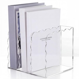 Suzile Scalloped Acrylic Magazine File Holder, 3-Compartment 4mm Thick, Clear Desk Organizer Vertical Bookends Organization for Office, Binders, Documents, Tablets, Magazines, Books