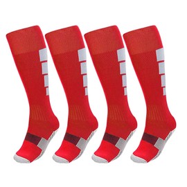 ZEPOHCK Kids Soccer Socks for Boys and Girls - 2 Pairs Knee High Athletic Socks for Youth Shoe Size 3-6.5, Ages 6-12 (Red-006)