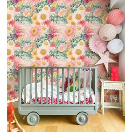 Erfoni 16.9"x197" Pink Sunflower Wallpaper Pink Floral Peel and Stick Wallpaper Modern DIY Removable Wallpaper Boho Contact Paper Flower Self Adhesive Wallpaper for Livingroom Accent Wall Deocr