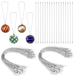 200pcs Christmas Ornament Hanger String, 8inch Metallic Ribbon for Ornament Hanging with Snap Fastener Ornaments Snap Cord for Christmas Hanging Decor Party Supplies (Silver)