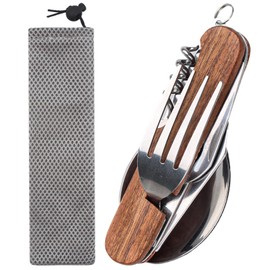 6 in 1 Camping Cutlery Set, Camping Cutlery with Wooden Handle, Outdoor Cutlery with Drawstring Bag, All-in-One Stainless Steel, Folding Cutlery for Outdoors, for Hiking, Picnic, Camping, Festival