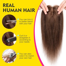 TESS Human Hair Toppers for Women Real Human Hair No Bangs Toppers Hair Pieces for Women with Thinning Hair Upgraded Silk Base 150% Density Clip in Remy Hair Topper 10 inch Medium Brown
