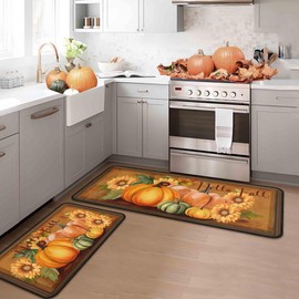 Noulmea Hello Fall Pumpkin Decorative Kitchen Rugs Set of 2,Thanksgiving Autumn Pumpkin Front Door Mat Floor Rug for Fall Home Holiday Party Decor 17"x47"+17"x30"
