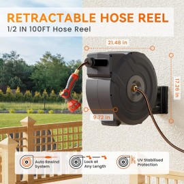 NEOTEC Retractable Garden Hose Reel 1/2 in x 100 ft Water Hose Reel Wall-Mount Tools US