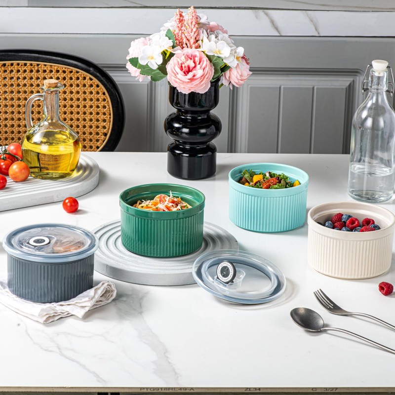 Hoilse Ceramic Bowls with Lids, 20-oz Microwave Safe Food Storage