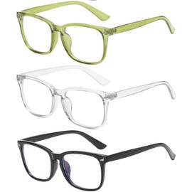 OWL 3 Pack Blue Light Blocking Glasses, Unisex Square Adult Screen Time Fake Eyeglasses, Womens Mens Computer and Gaming Specs with Microfiber Pouches (Olive Green, Transparent, Black)